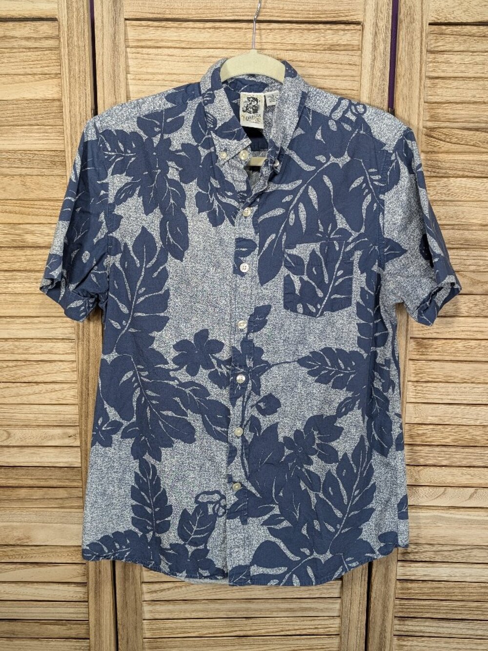 Kennington Ltd. Navy and Light Blue Leaf Print Short Sleeve Shirt Size Large